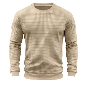 Men's slim fit long sleeve t-shirt with subtle grid texture and crew neck design.