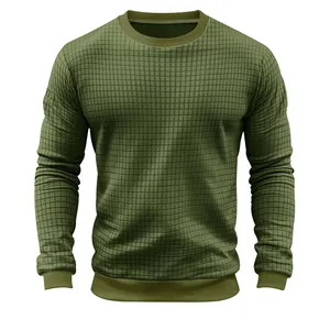 Men's olive green long-sleeved T-shirt with subtle checkered texture and slim fit