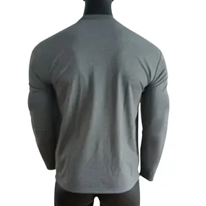 Professional back view of a men's slim-fit long-sleeved grey Henley T-shirt on mannequin