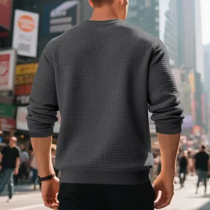 Detailed back view of charcoal gray waffle-knit crewneck long-sleeved sweatshirt for men