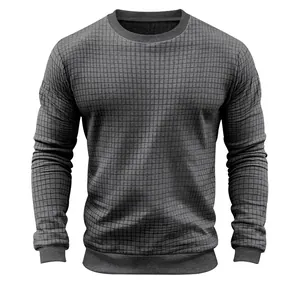 Slim fit men's long sleeve t-shirt with textured waffle checkered pattern in grey.