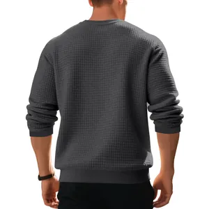 Back view of men's grey waffle-knit crewneck sweatshirt showing detailed fabric texture