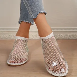 Elegant summer sparkly rhinestone mesh hollow ankle boot sandals with flat sole.