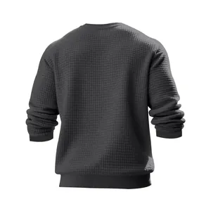 Back view of a men's grey waffle knit sweatshirt showing its textured jacquard pattern.