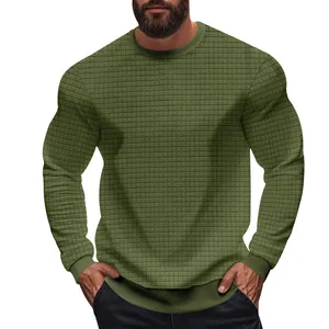 Men's olive green long sleeve waffle knit t-shirt with crew neck and slim fit design