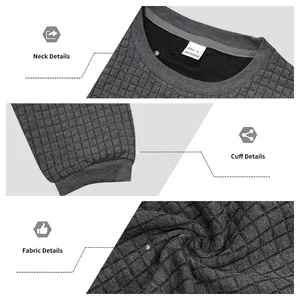 Detailed close-up of men's grey jacquard grid sweatshirt fabric and cuff.