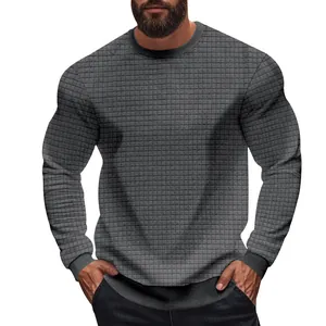Grey long-sleeved slim fit men's T-shirt with small grid waffle texture and round neck