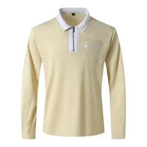 Detail view of a men's beige long-sleeved polo shirt with half-zipper and white collar