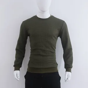 Front view of men's olive green waffle knit sweatshirt with textured grid pattern