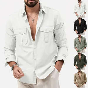 Chemise Utilitaire à Manches Longues Décontractée pour Hommes Polyester Boutonné Couleur Unie Haut avec Doubles Poches Poitrine