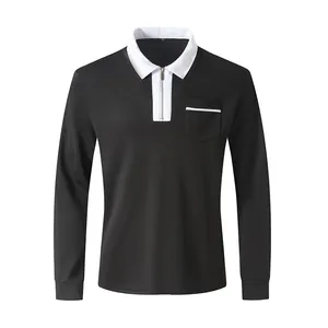 Men's long-sleeve polo shirt with white collar and half-zipper detail in black