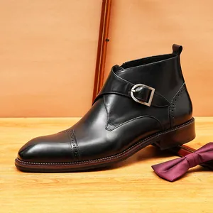 Bottes Martin en Cuir Pleine Fleur Vintage Britannique pour Hommes Avec Boucle Monk Fermeture Éclair Latérale Chaussures Mode