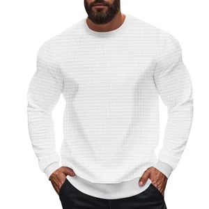 Premium white slim fit men's long sleeve T-shirt featuring small grid waffle texture