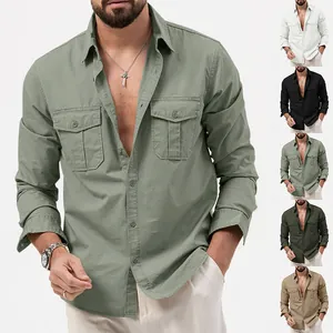 Vue détaillée de la chemise décontractée à manches longues pour hommes avec poches