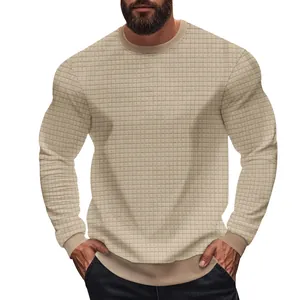 Slim fit men's long sleeve waffle knit t-shirt in khaki beige color with crew neck