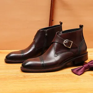 Bottines brogue élégantes en cuir véritable pour hommes avec boucle et zip marron foncé