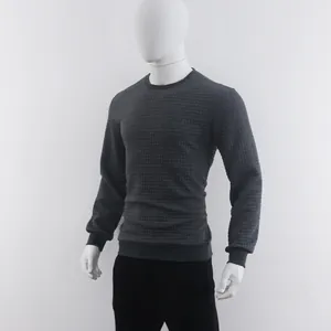 Detailed view of men's grey crewneck sweatshirt featuring a textured jacquard grid pattern.