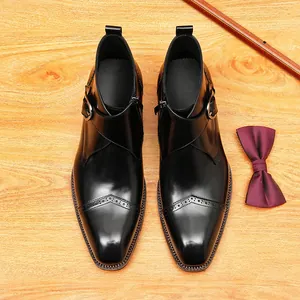 Bottines élégantes en cuir noir pour hommes avec boucle Monk et détails richelieu