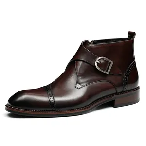 Bottines de luxe en cuir marron pour homme avec boucle monk, richelieu et zip