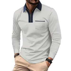 Detail of men's slim fit long sleeve polo shirt with half-zip and navy collar.
