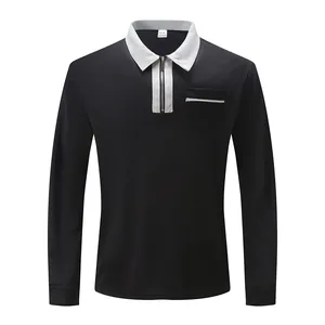 Front view of men's black long sleeve polo shirt with white contrast collar