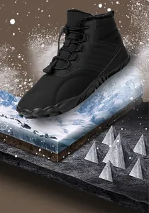 Black outdoor winter snow boots with warm fleece lining and bungee laces detail