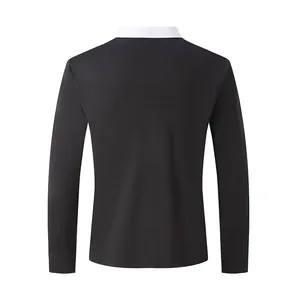 Back view of a classic black long-sleeved Polo shirt with a contrasting white collar