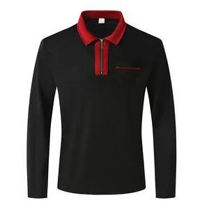 Men's black long sleeve polo shirt with red collar and half-zipper slim fit design