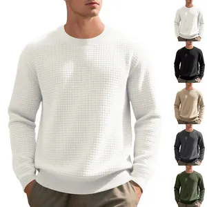 Men's American Style Crew Neck Sweatshirt Waffle Jacquard Small Square Pattern Loose Casual Polyester Long Sleeve Top