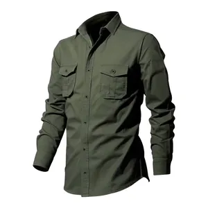 Vue de face d'une chemise tactique vert olive à manches longues pour hommes