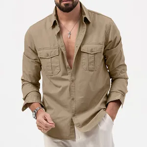 Chemise décontractée kaki à manches longues pour homme avec deux poches poitrine élégantes