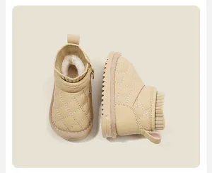 Side and top view of beige quilted baby snow boots with warm fleece lining