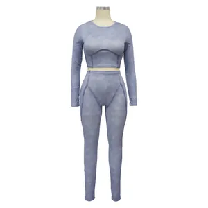 Detail showing the ribbed texture and stitching on this dusty blue activewear set
