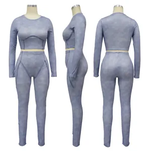 Detailed view of women's ribbed long sleeve two-piece workout set from three angles