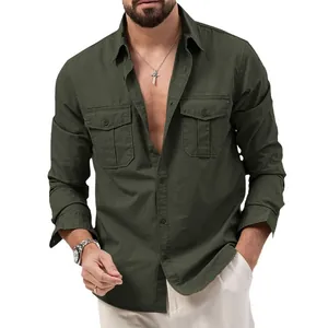 Veste cargo homme vert olive élégante avec manches longues et poches poitrine à rabat