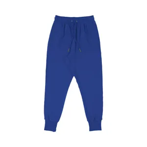 Full length front view of royal blue men's joggers with drawstring and ribbed cuffs