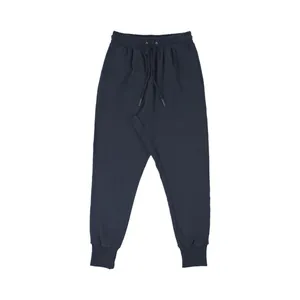 Front view of navy blue men's joggers featuring drawstring waist and ribbed cuffs.