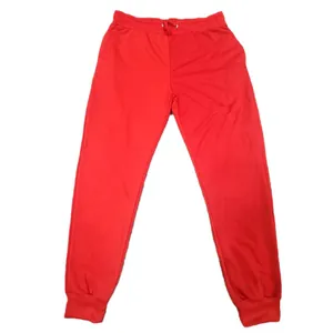 Full view of vibrant red men's sports joggers with elastic waist and cuffed ankle hems.
