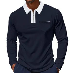 Herren Polohemd Langarm Slim Fit in Navy mit weißem Kragen und halbem Reißverschluss