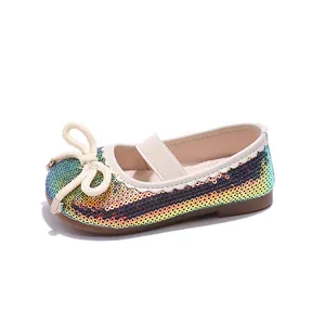 Shiny rainbow sequin girls Mary Jane flat shoes with rope bow and elastic strap