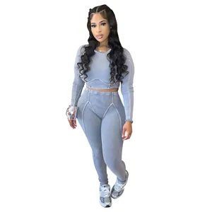 Full-body presentation of a two-piece ribbed athletic wear set on a professional model