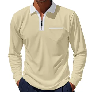 Premium Herren Langarm-Poloshirt in Khaki mit weißem Kontrastkragen und Halbreißverschluss