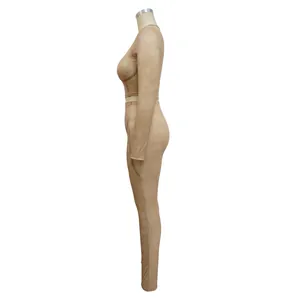 Side view detail of a ribbed long-sleeve crop top and matching leggings set in beige