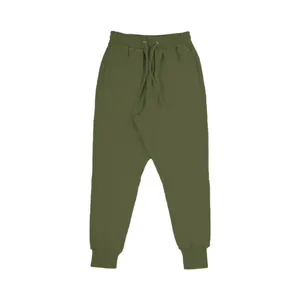 Detailed flat lay view of olive green men's joggers with elastic drawstring waist.