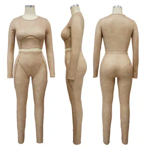 Two-piece ribbed long-sleeve crop top and matching leggings set in tan color.