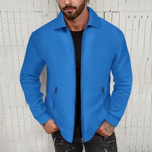 Men's blue waffle knit casual jacket with zipper and lapel collar for autumn wear.