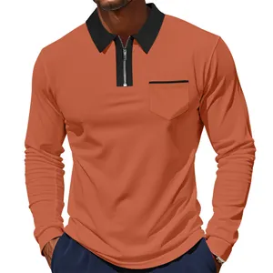 Slim Fit Langarm-Poloshirt für Herren mit halbem Reißverschluss in Orange und Schwarz