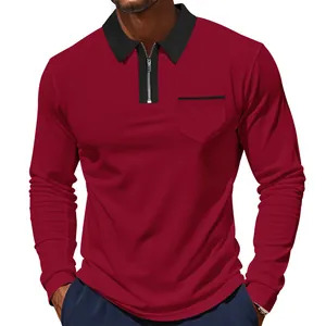Schmal geschnittenes Langarm-Poloshirt für Herren in Weinrot mit Reißverschluss