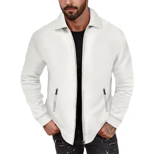 Witte herenjas van wafelbreisel met rits voor casual high street herfstkleding stijl