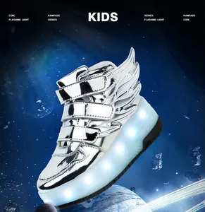 Silver winged kids LED roller shoes with flashing lights on galaxy background